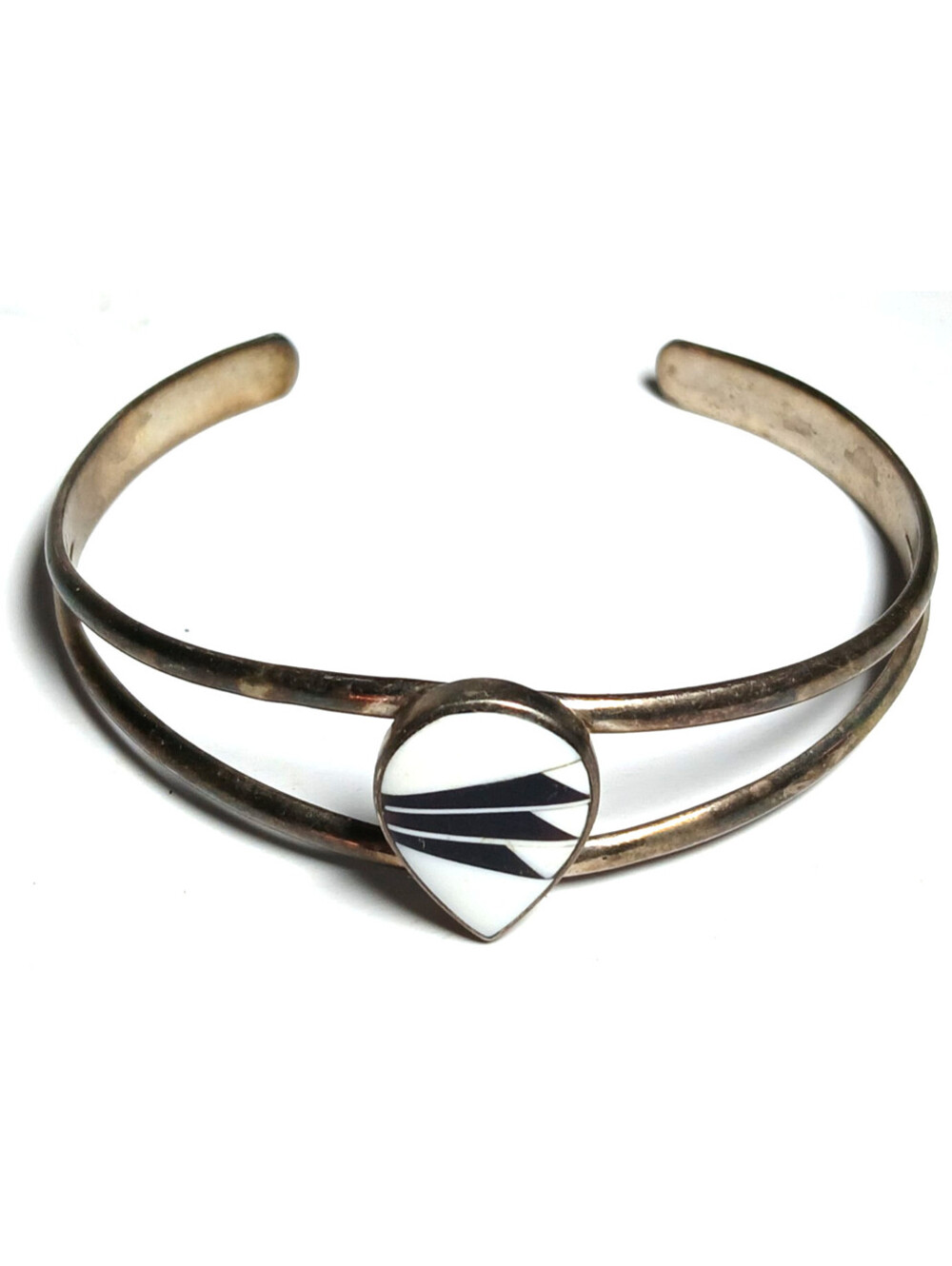 Sterling Silver White Black Stone inlay Geometric Cuff Bracelet 12 grams
